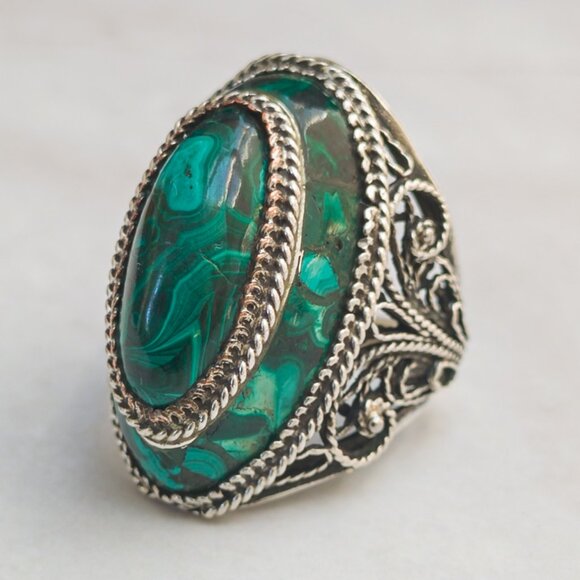 Vintage 800 Silver Malachite Mosaic Filigree Statement Ring – Size 7 - Picture 4 of 8
